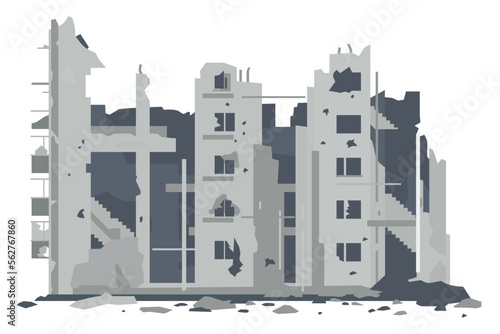 One five-story eastern european war destroyed building with debris and concrete in front view, ruins apartment building isolated
