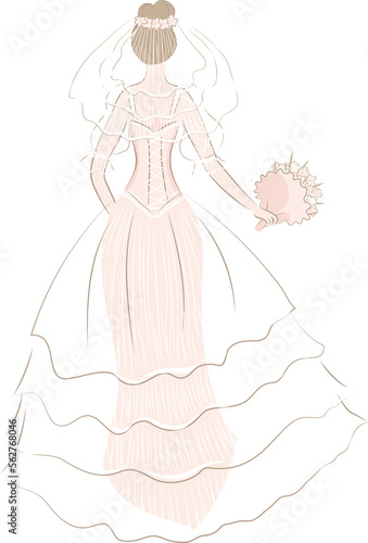 Girl in pink wedding dress and veil with bouquet