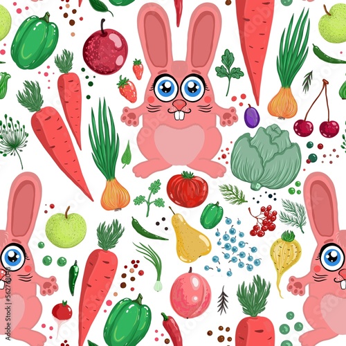easter pattern seamless background fabric design print wrapping paper digital illustration texture wallpaper watercolor paint with bunny rabbit and vegetables