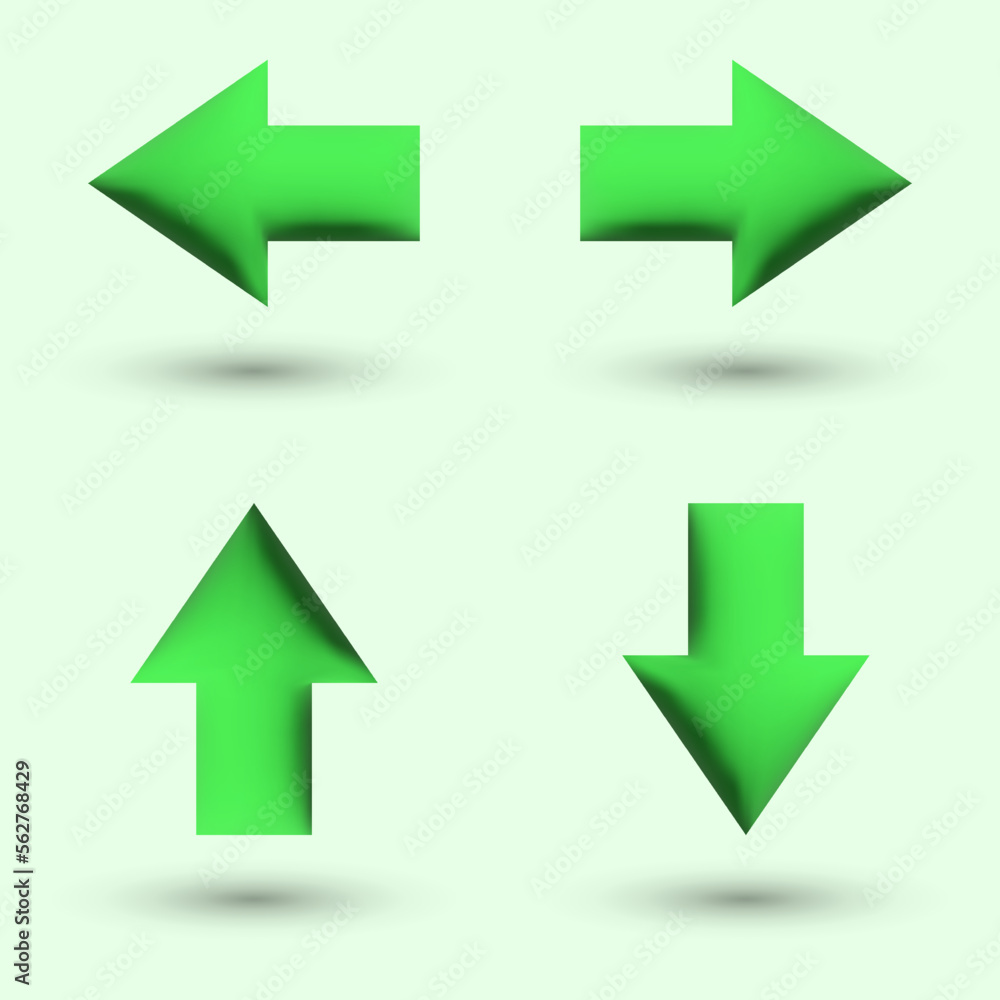 3D green arrows, vector. Green 3D arrows with shadow, up, down, right, left on a green background. 3D green arrows, vector. Green 3D arrows with shadow, up, down, right, left on a green background.