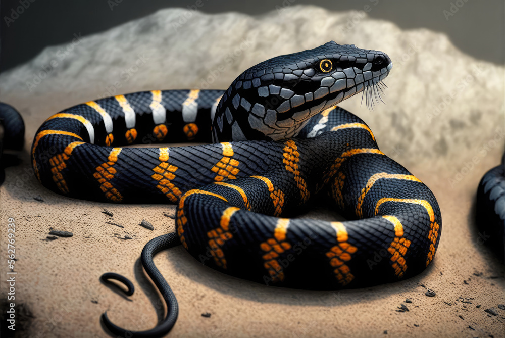 Fototapeta premium Banded krait - Bungarus fasciatus - Black and white snake - Generative AI