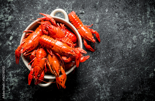 Red boiled crayfish in bowl.