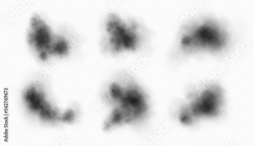 Black smoke, dark mist or fog, toxic spooky clouds set, realistic black powder. Transparent vector effect.