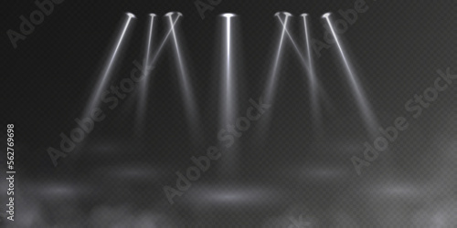 Stage spotlights with smoke, light effect, dance hall concept. Night club beams, space for music event with projector rays. Vector illustration.