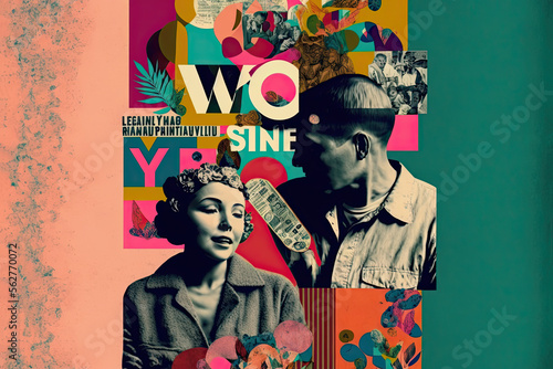 Generative AI illustration of a colorful poster or collage in vintage and modern style with people and various characters representing the relationships between people. Artwork and illustration