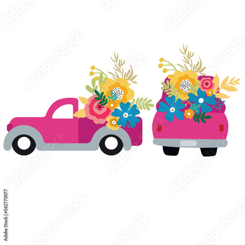 Print Art Vector illustration. Cute pink truck car with flowers. 