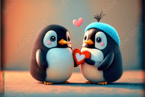 Cute penguin couple in love Valentine's Day illustration generative ai