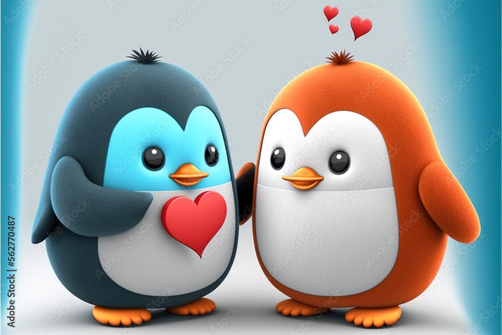 Fototapeta premium Cute penguin couple in love Valentine's Day illustration generative ai