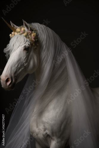 White horse wearing a veil against dark background. Generative AI