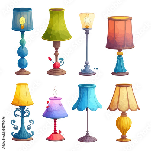 Set of cartoon lamps, floor and table torcheres with different lampshades on long and short stands. Isolated on background. Cartoon vector illustration