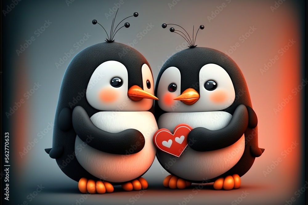 Fototapeta premium Cute penguin couple in love Valentine's Day illustration generative ai