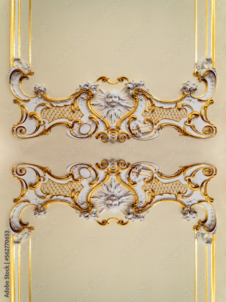 Golden decorative kaleidoscope mosaic baroque ornament pattern of original decoration from historical buildin
g in Bratislava. Geometric design for fabric, textile print,
wrapping paper, cover.