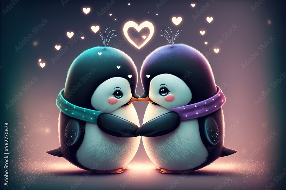 Fototapeta premium Cute penguin couple in love Valentine's Day illustration generative ai