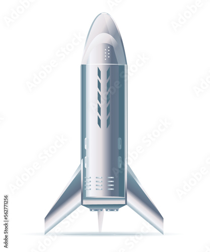 Realistic metallic rocket spaceship standing on ground, space transportation technology, quality illustration isolated on white