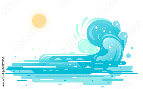 Simple waves of water in flat style isolated, big blue ocean wave in side view with sun, wonderful big creative surfing wave