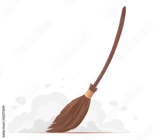 One big brown broom sweep floor with long wooden handle isolated, household implement from dust and dirt