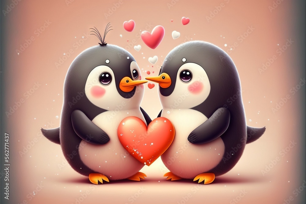 Obraz premium Cute penguin couple in love Valentine's Day illustration generative ai