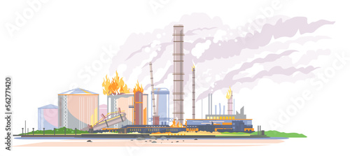 Big oil refinery on fire in flat style isolated, oil production plant, petrochemical plant, ecology disaster concept illustration, manufacturing with metallic constructions