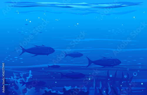 Ocean underwater background with flock of tuna fish, underwater sea with many different silhouettes of flocks of fish with corals and algae, illustration of open deep sea ocean