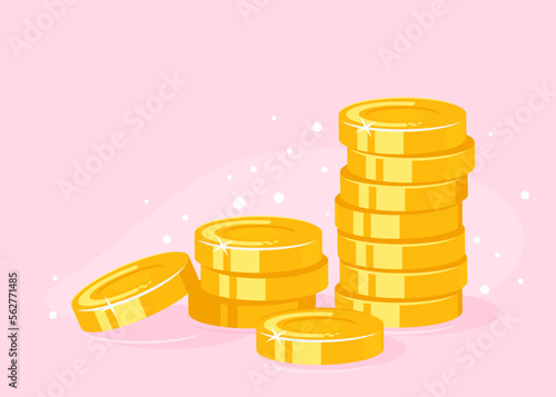 Gold coins stack concept illustration in flat style on pink background, treasure of gold wealth with bright sparkles, money gold coins stacks concept of savings and dividends