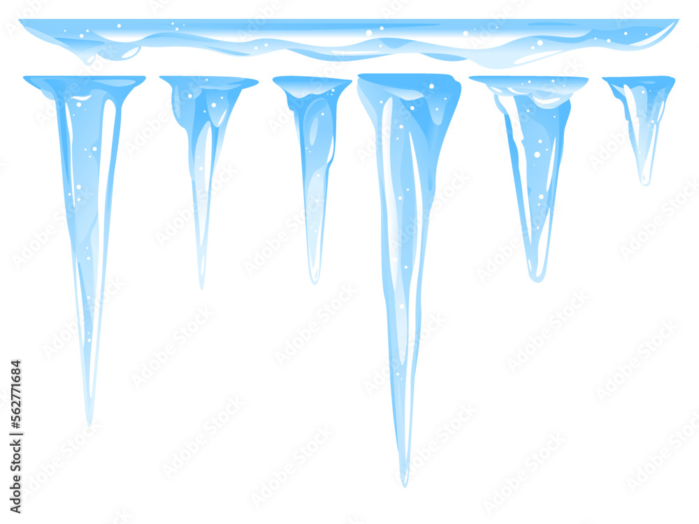 Blue frozen icicle cluster hanging down from snow-covered ice surface, set of different quality detailed icicles with snow isolated, carefully drop the icicles Blue frozen icicle cluster hanging down from snow-covered ice surface, set of different quality detailed icicles with snow isolated, carefully drop the icicles