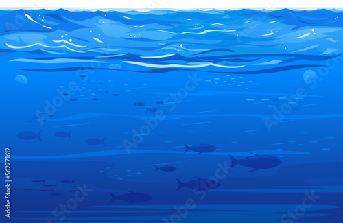 Ocean in section waves with underwater life, underwater sea with many different silhouettes of flocks of fish, marine life background, illustration of open deep sea ocean