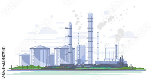 Oil production plant, petrochemical plant, big oil refinery in flat style isolated, manufacturing with metallic constructions