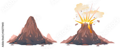 One big brown volcano with explosion and smoke, volcano before the eruption, volcano eruption of orange lava flows down the hill and stones flying in the air, isolated