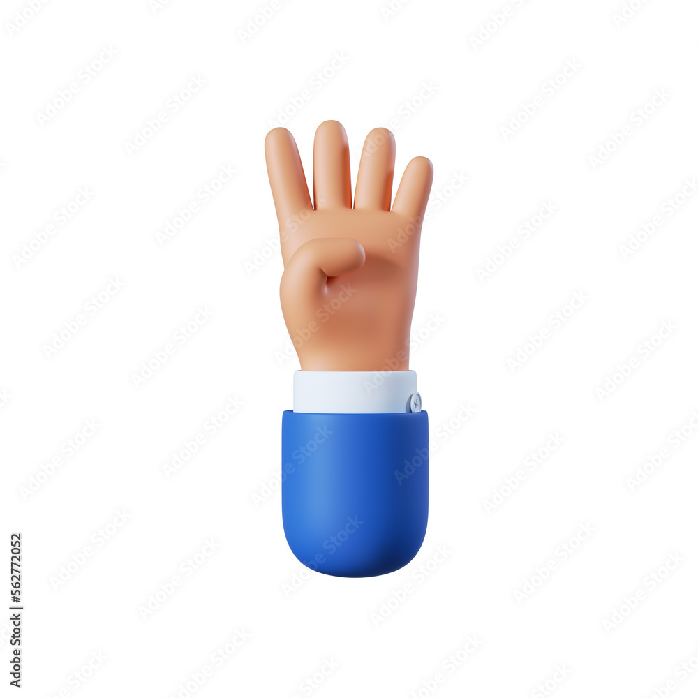 3d illustration. Four fingers counting icon. Cartoon character hand. Business clip art isolated on white background 3d illustration. Four fingers counting icon. Cartoon character hand. Business clip art isolated on white background
