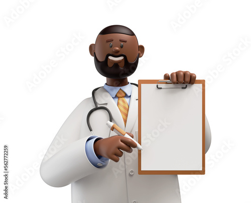 3d render. Happy doctor african cartoon character shows clipboard with blank paper. Medical insurance professional recommendation. © NeoLeo