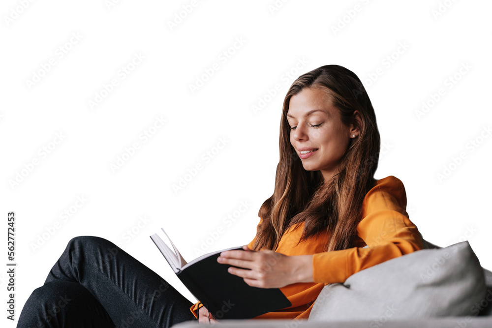 Young adult beautiful brunette woman in orange blouse holding book, relaxing home. Confident hispanic female psychologist looks at her diary, prepares for client. Girl against transparent background. Young adult beautiful brunette woman in orange blouse holding book, relaxing home. Confident hispanic female psychologist looks at her diary, prepares for client. Girl against transparent background.