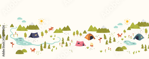 Cute hand drawn vector seamless pattern with camping doodles, tents, landscape and trails, great for textiles, banners, wallpapers