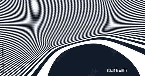 The geometric background by stripes. Black and white modern pattern with optical illusion. 3d vector illustration for brochure, annual report, magazine, poster, presentation, flyer or banner.