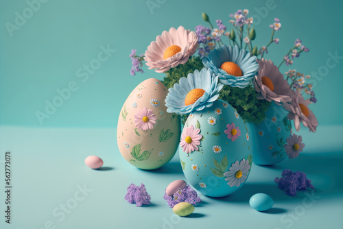 colorful easter eggs with flowers, generative ai