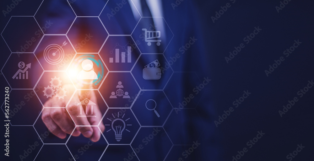 Businesspeople touching on screen to target customer. Target customer