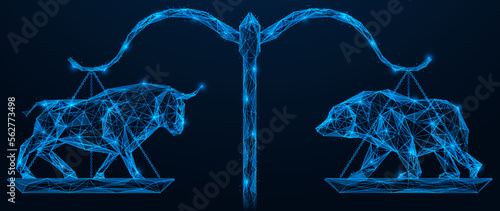 Bull and a bear stand on suspended saucers of scales. Polygonal design of lines and dots. Blue background.