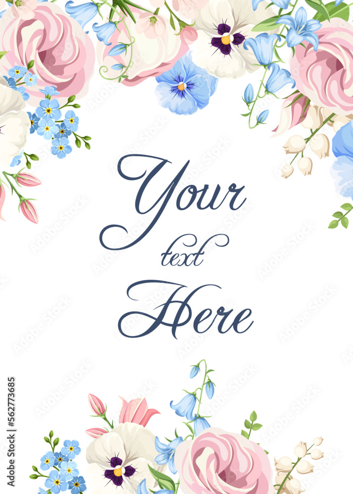 Greeting or invitation card design with pink, white, and blue pansy flowers, lisianthus flowers, harebells, lily of the valley, and forget-me-not flowers. Vector floral background