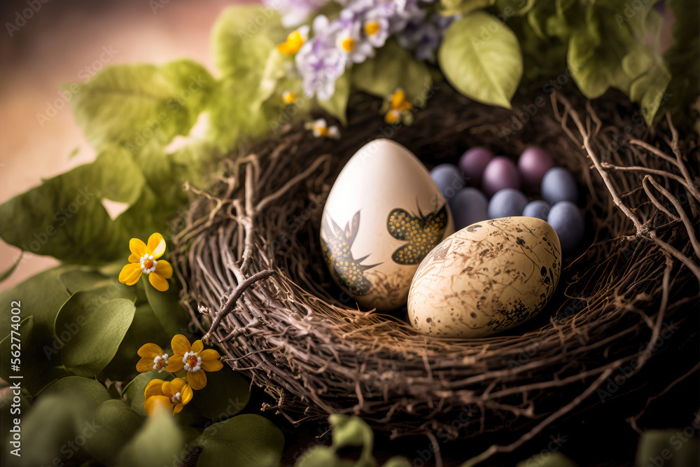 colorful easter nest with easter eggs, generative ai - obrazy, fototapety, plakaty 
