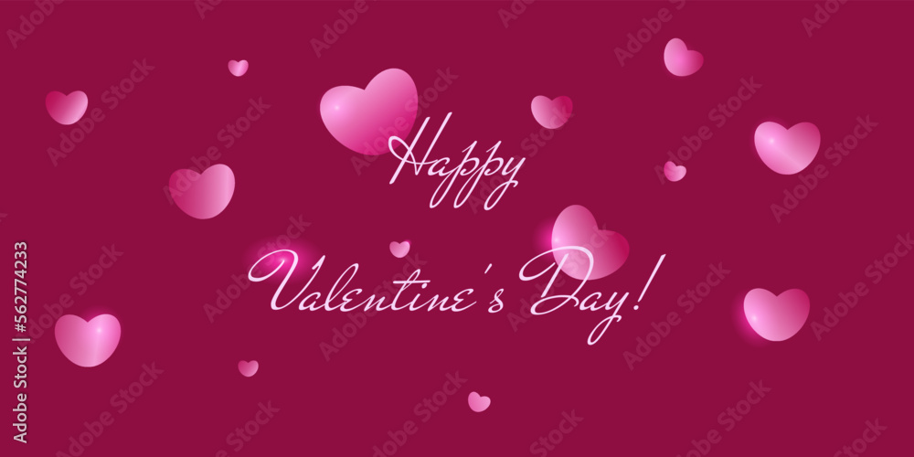 Pink banner Happy Valentine's Day. Background with hearts, greeting card. The brilliance of lovers' hearts