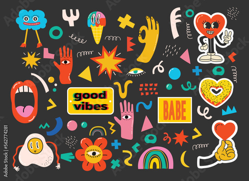 Fashion patch badges with lips, hearts, speech bubbles, audio cassette and other elements. Vector illustration set of stickers, pins, patches in cartoon 80s-90s style.