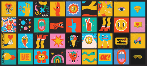 Fashion patch badges with lips, hearts, speech bubbles, audio cassette and other elements. Vector illustration set of stickers, pins, patches in cartoon 80s-90s style.