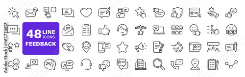 Feedback set of web icons in line style. Feedback and Review icons for web and mobile app. Customer relationship management. Star rating, satisfaction, emotion, testimonials, quick response, chat.