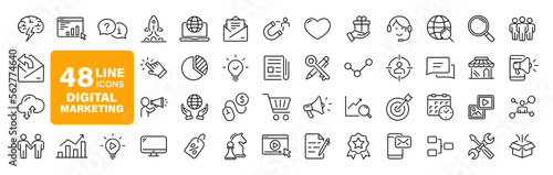Digital Marketing set of web icons in line style. Marketing icons for web and mobile app. Sales, e-commerce, SEO, business, feedback, analytics, ads, communication, content. Vector illustration