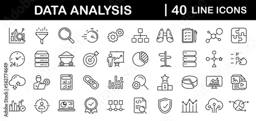 Data analysis set of web icons in line style. Data analytics icons for web and mobile app. Graphs, traffic analysis, data processing, research network collection, statistics, analytics, performance.