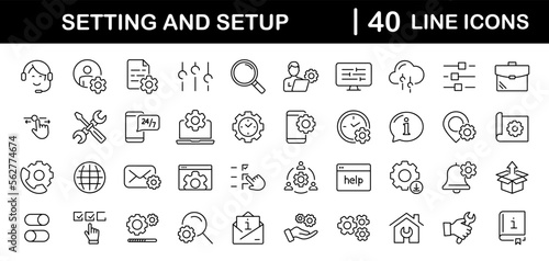 Settings and setup set of web icons in line style. Setup icons for web and mobile app. Settings, installation, maintenance, update, download, configuration, options, control. Vector illustration