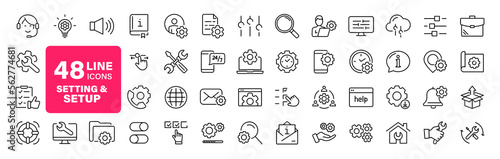 Settings and setup set of web icons in line style. Setup icons for web and mobile app. Settings, installation, maintenance, update, download, configuration, options, control. Vector illustration photo