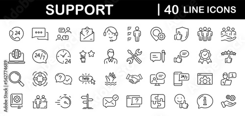 Customer Service and Support set of web icons in line style. Support and Help icons for web and mobile app. Online assistance, email, customer service, contact, help, helpdesk, feedback, 24 hrs