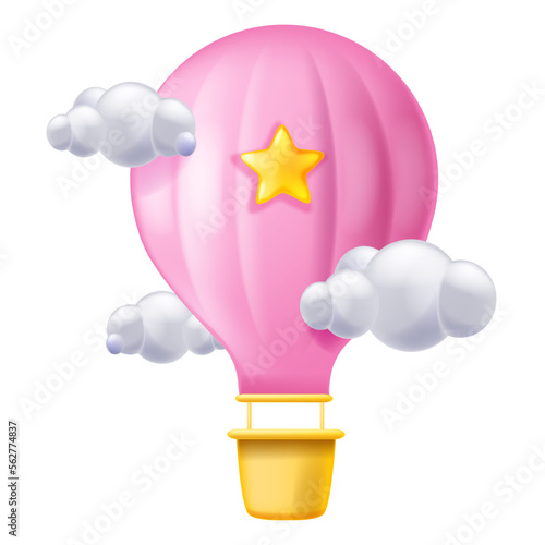 3D balloon, pink aerostat, air parachute icon, vector cartoon kids birthday design object, cloud. Basket adventure trip sign, travel flight concept tourism transportation. 3D balloon party fun clipart
