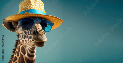 Lustige Giraffe mit Sonnenbrille und Hut - Generative AI photo