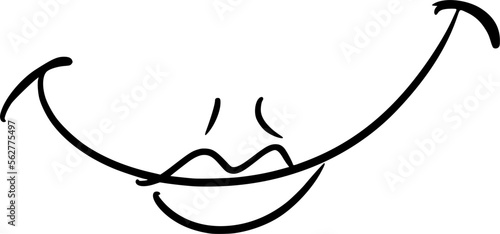 Vector drawing of mounts expressing different emotions. In cartoon style on white background, isolated. Contours. The mouth slyly smiles widely. Is cunning. Lips are visible. Joy, sly, funny.